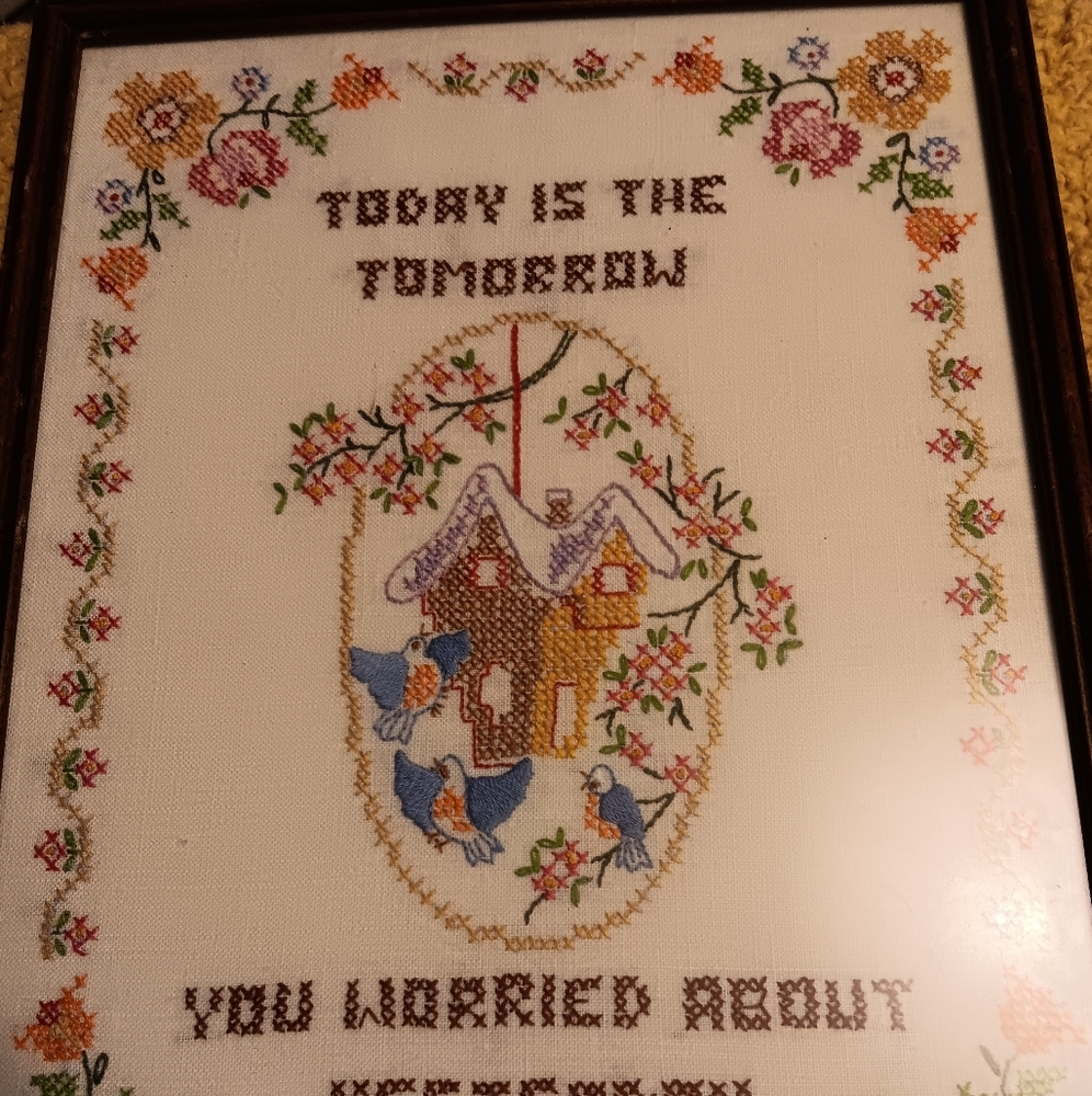 Framed Vintage Cross-Stitch Art with Inspirational Quote Hand Made Craft